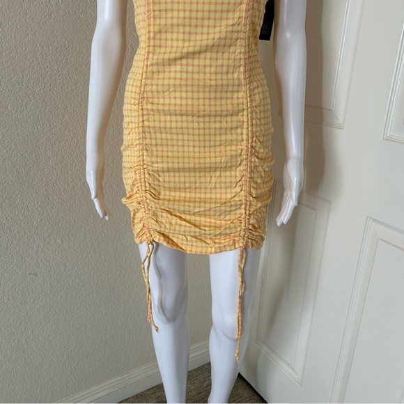 Wild Fable Double Ruched Front Gingham Plaid Yellow and Pink mini Dress - M - Picture 3 of 10